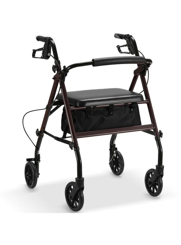 Naipo Rollator Walker with Seat, Foldable Rolling Medical Walker with 6" Wheels, Aluminum Frame Supports Up to 350 lbs, Burgundy