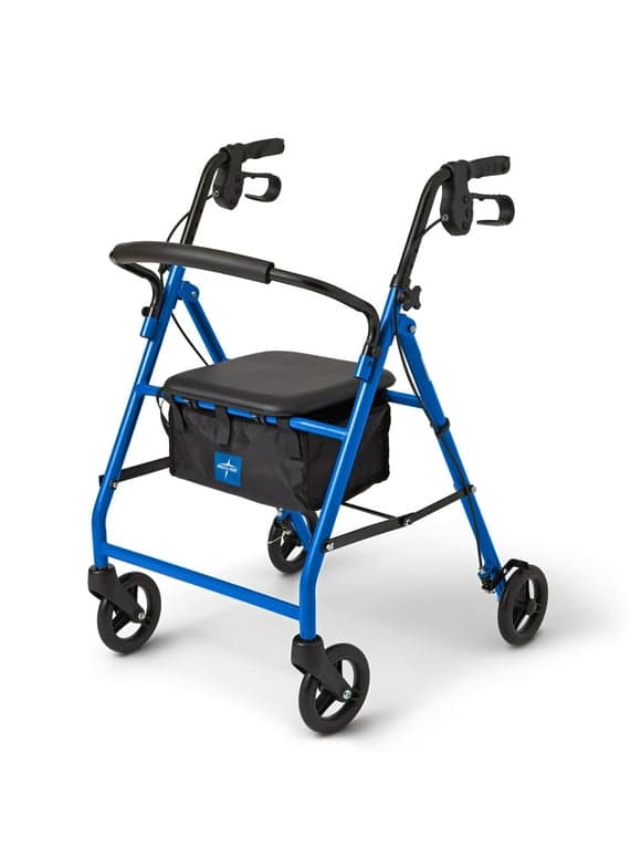 Medline Steel Rollator Walker for Adult, Blue, 350 lb. Weight Capacity, 6 Wheels, Foldable, Adjustable Handles