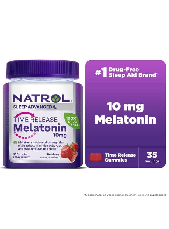 Natrol Time Release Melatonin 10 mg, Dietary Supplement for Restful Sleep, Sleep Gummies for Adults, 35 Strawberry-Flavored Melatonin Gummies, 35 Day Supply