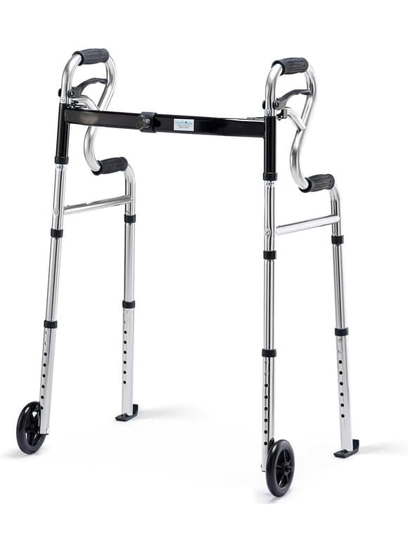 3 in 1 Folding Walker with 5" Front Wheels, Width Adjustable Compact Standard Walker Support Up to 350lbs, Quick Folding 2 Wheels Walker for Seniors, Adults Sliver