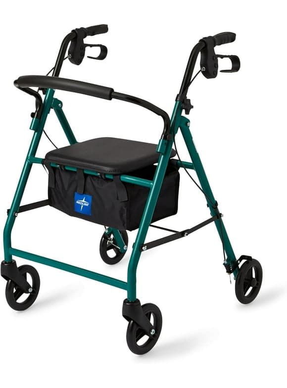 Medline Aluminum Rollator, Folding Rolling Walker, 6" Wheels, 250lb Weight Capacity, Green