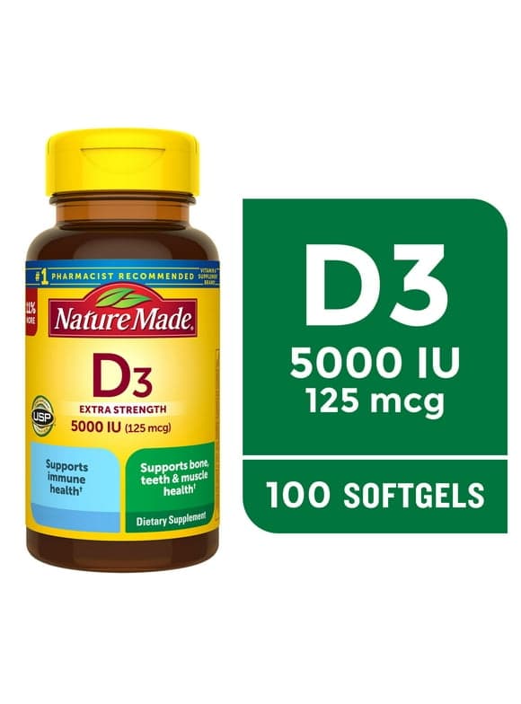 Nature Made Extra Strength Vitamin D3 5000 IU (125 mcg) Softgels, Dietary Supplement for Bone and Immune Health Support, 100 Count