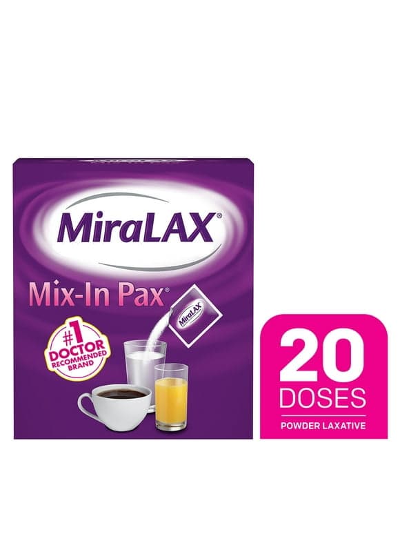 MiraLAX Mix-In Laxative Powder for Gentle Constipation Relief, Stool Softener, 20 Single Doses