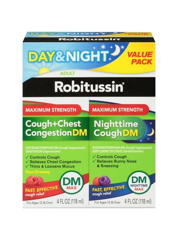 Robitussin Maximum Strength Cough + Chest Congestion DM and Maximum Strength Nighttime Cough Dm, Cough Medicine, Berry Flavor - 4 fl oz Bottles (Pack of 2)