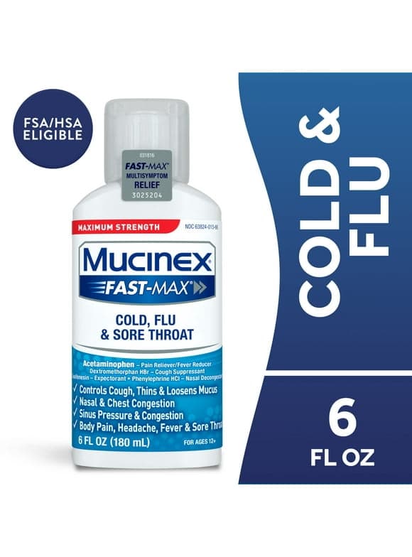 Mucinex Fast-Max Cold, Flu, & Sore Throat Relief Medicine, OTC Cough Suppressant, Expectorant, 6 fl oz