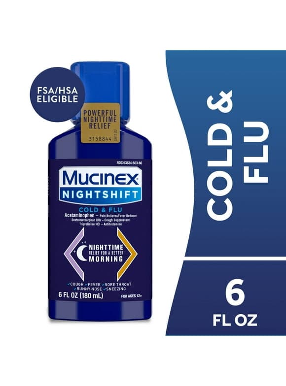 Mucinex Nightshift Cold and Flu Medicine, Fever Reducer, OTC Nighttime Cough Relief, 6 fl oz