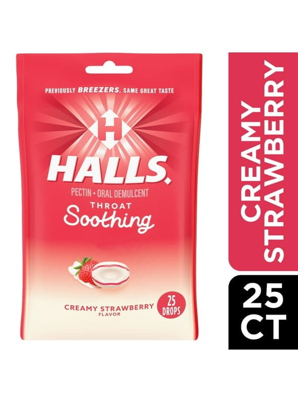 HALLS Throat Soothing (Formerly HALLS Breezers) Creamy Strawberry Throat Drops, 25 Drops