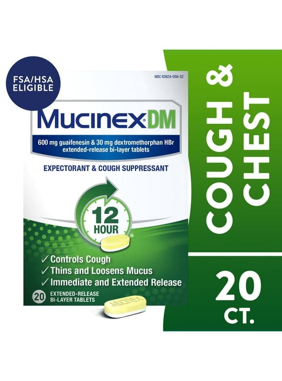 Mucinex DM 12 Hour Expectorant & Cough Medicine, Excess Mucus Relief & Cough Suppressant, 20 Tablets