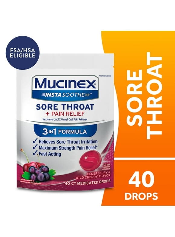 Mucinex Instasoothe Sore Throat Lozenges, FSA/HSA, Elderberry & Cherry Flavor, 40 Medicated Throat Drops