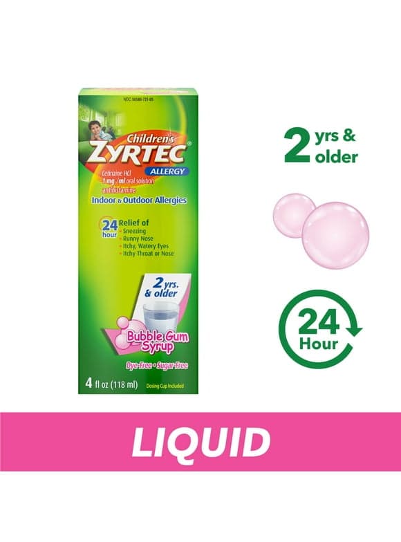 Children's Zyrtec 24 Hour Allergy Relief Syrup, Bubble Gum, 4 fl. oz