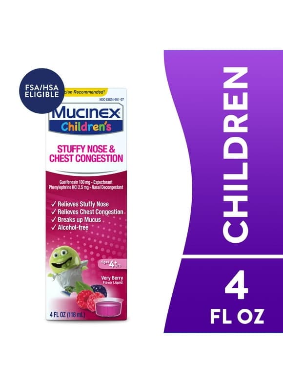 Mucinex Children's Stuffy Nose & Chest Congestion Relief, Kids Medicine, Very Berry Flavor, 4 fl oz