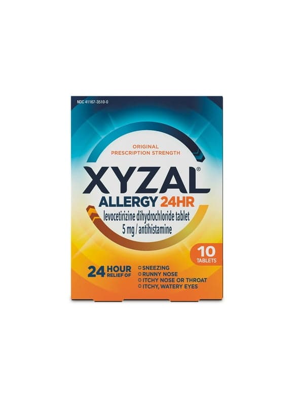 Xyzal 24 Hour Antihistamine Medicine Tablets for Adult Allergy Relief, Levocetirizine and Cetirizine, 10 Pills