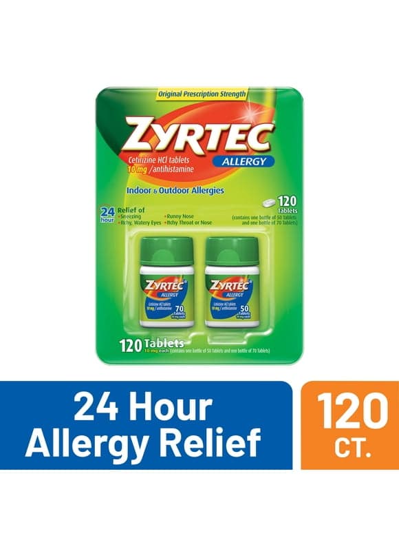 Zyrtec 24 Hour Allergy Relief Tablets with 10mg Cetirizine HCl, 120 ct