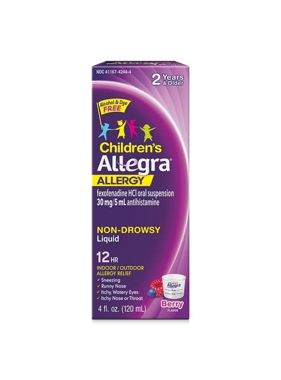 Allegra Children's Non-Drowsy Antihistamine Medicine for Kids Allergy Relief, 30 mg Fexofenadine, Berry Flavor, 4 fl oz