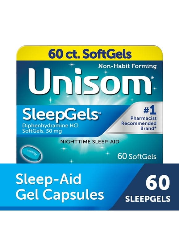 Unisom SleepGels Diphenhydramine HCL Softgel Sleeping Pills, Nighttime Sleep Aid, 50 mg, 60 Count