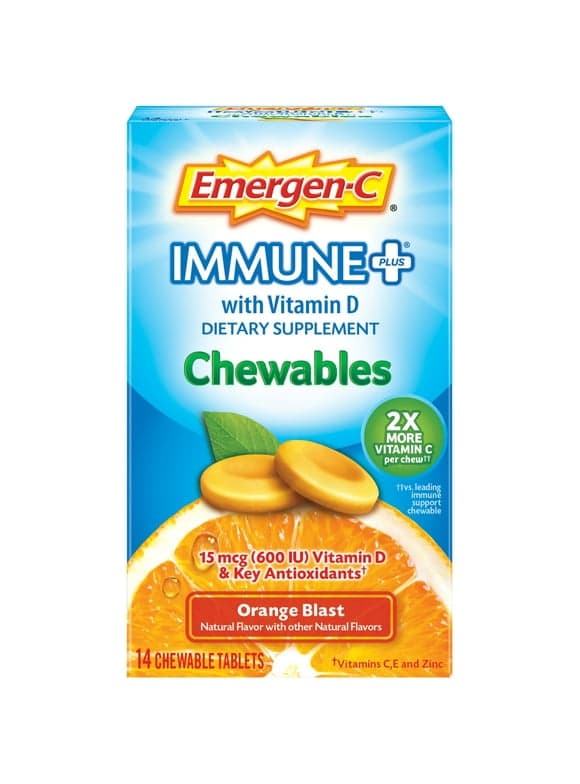 Emergen-C Immune+ Chewables 1000Mg Vitamin C Tablet, with Vitamin D, Immune Support Dietary Supplement for Immunity, Orange Blast Flavor - 14 Count